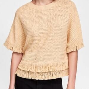 Zara Wheat Color Fringe Short Sleeve Sweater XS